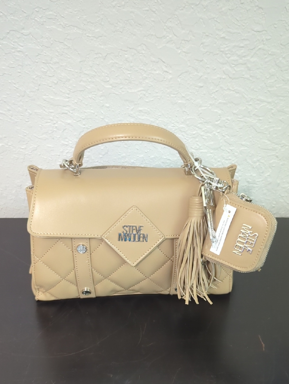 Steve Madden Caramel Quilted Satchel with Tassel and Pouch